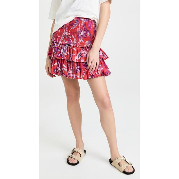 SUNDRY Floral Tiered Skirt Red Smocked Ruffle Lightweight Women's 1 / US S - Picture 2 of 14
